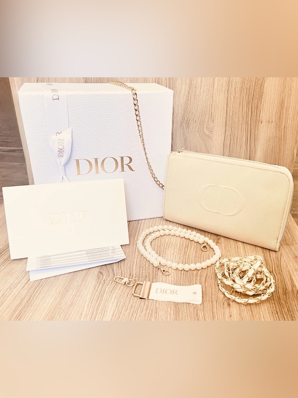 DIOR Beauty Tan Beige Gold CD Cosmetic Makeup Pouch Bag Box Card Strap Key Chain